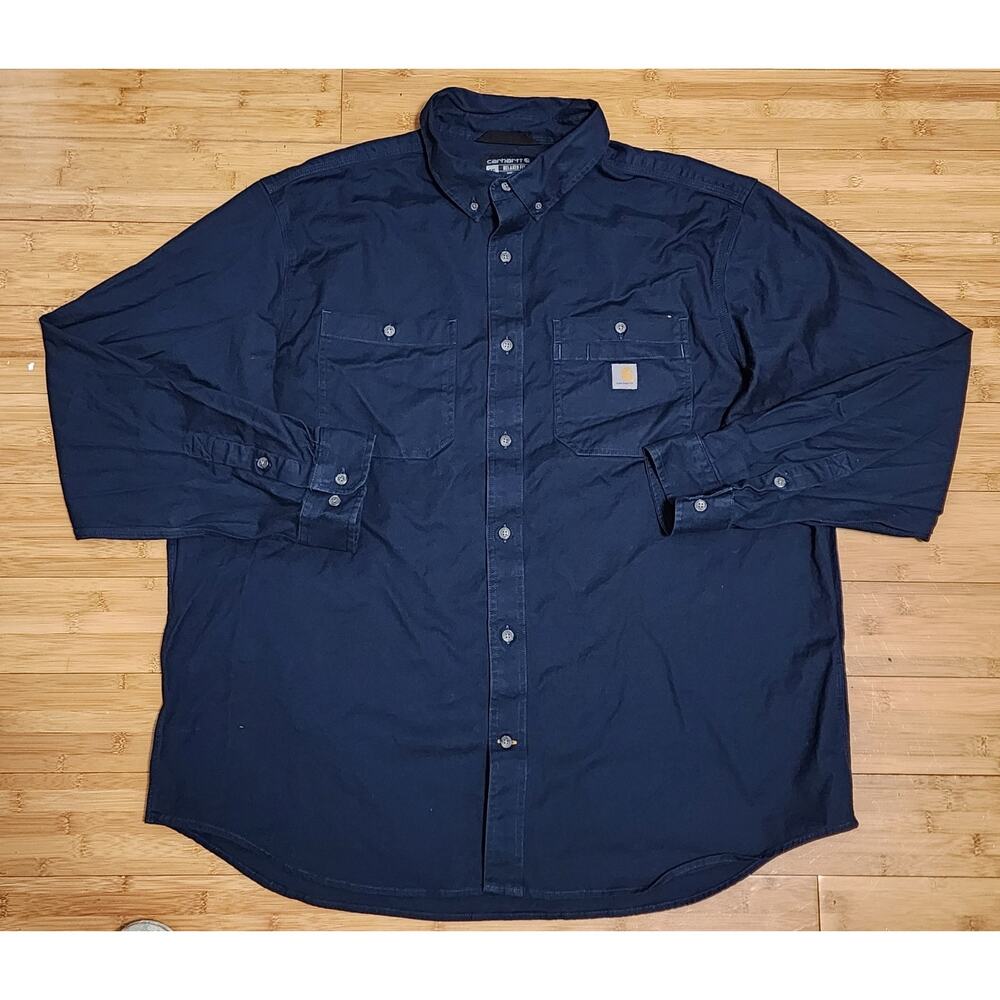 Carhartt Men 2XL Navy Blue Rugged Flex Relaxed Fit Canvas Long Sleeve Work Shirt